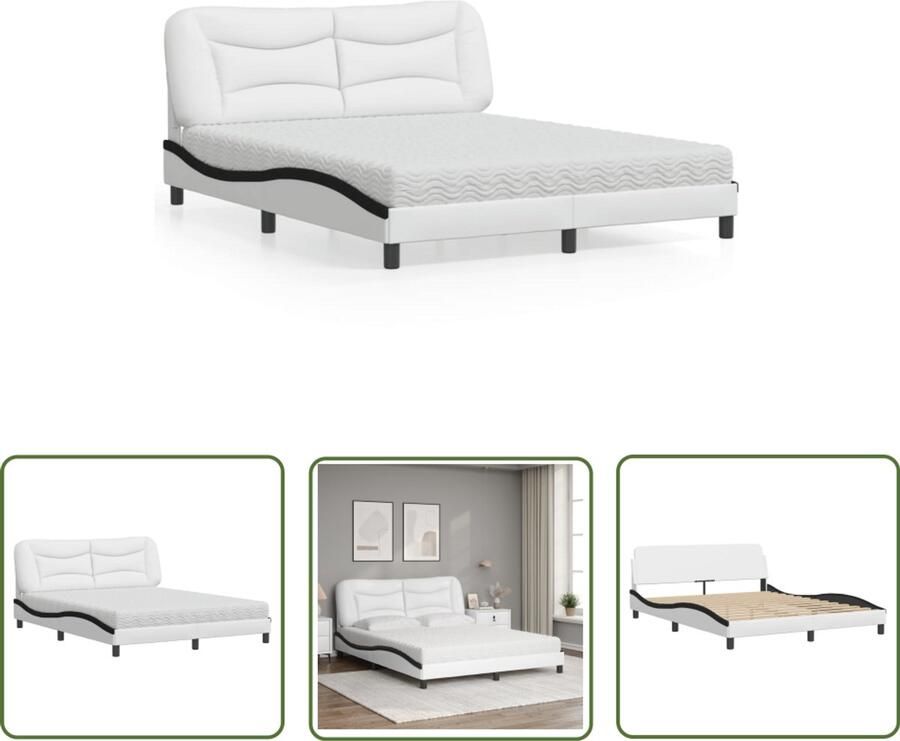 VidaXL Boxspring Slaapkamer Meubels Bed met matras Hvar kunstleer wit en zwart 160x200 cm Tweepersoonsbed Kunstleder Bed Frame