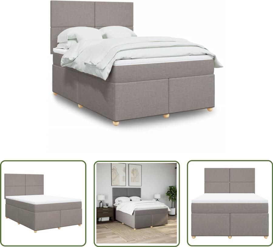 VidaXL Boxspring Slechtsommier Boxspring met matras stof taupe 140x190 cm Tweepersoonsbed Tapijtkleur Taupe Houten Poten