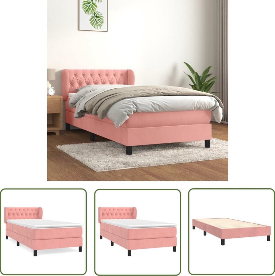 The Living Store Boxspring met matras fluweel roze 90x200 cm Vouwbed Boxspring Fluweel Bed Roze Bed Tweepersoonsbed