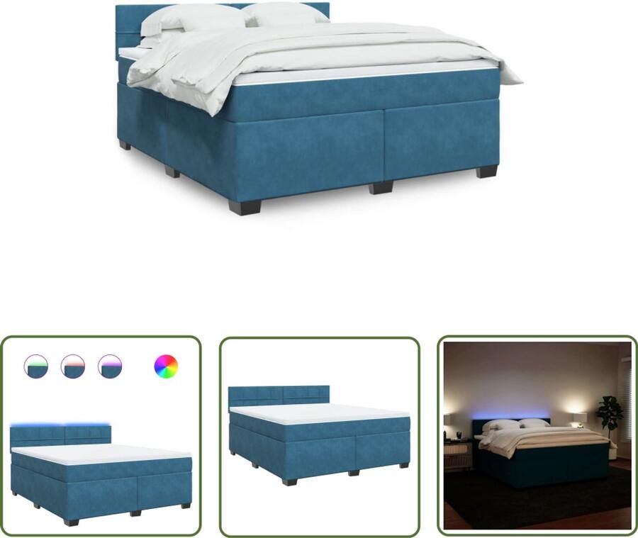 VidaXL Boxspring met matras fluweel blauw 180x200 cm Boxspring Boxspringbed Matras Fluweel Led Verlichting