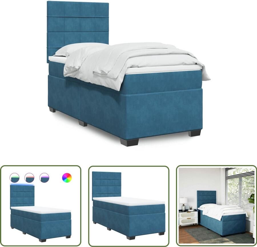 VidaXL Boxspring met matras fluweel blauw 80x200 cm Boxspring Boxspringbed Fluweel Bed Led Verlichting Elektrisch Hoofdbord
