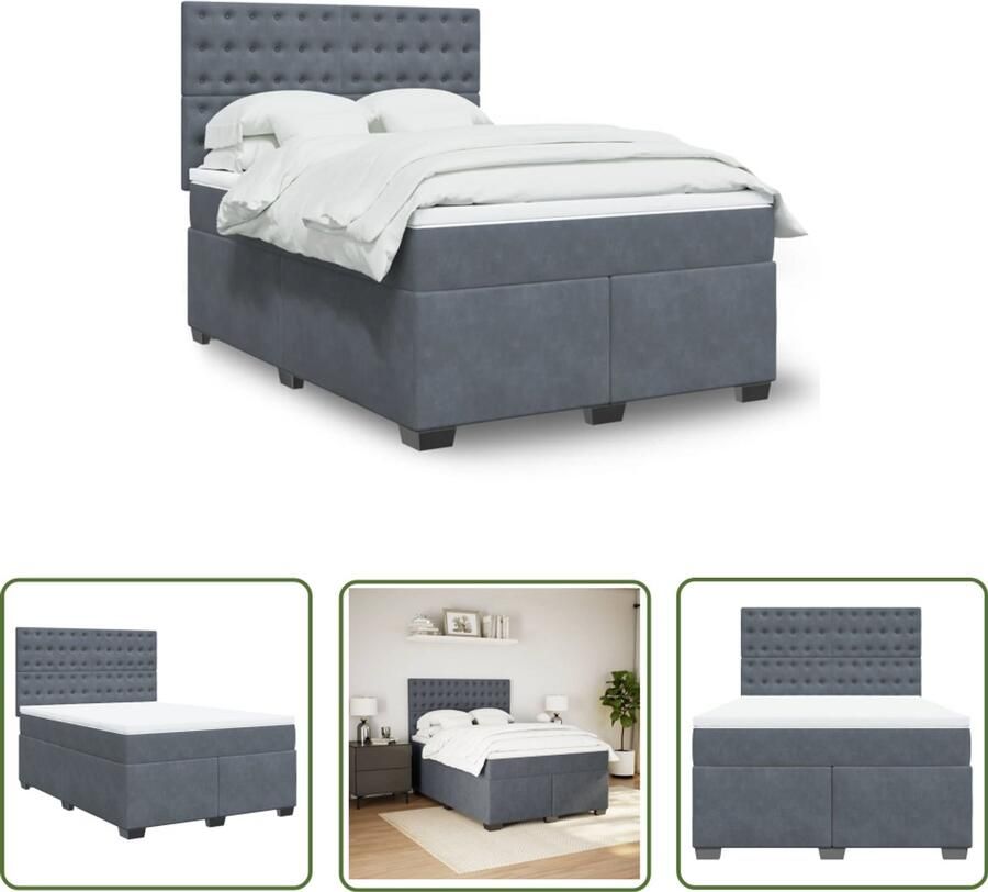 VidaXL Boxspring met matras fluweel donkergrijs 140x190 cm Boxspring Boxspringbed Fluweel Donkere Grijze Kleuren Tweepersoonsbed