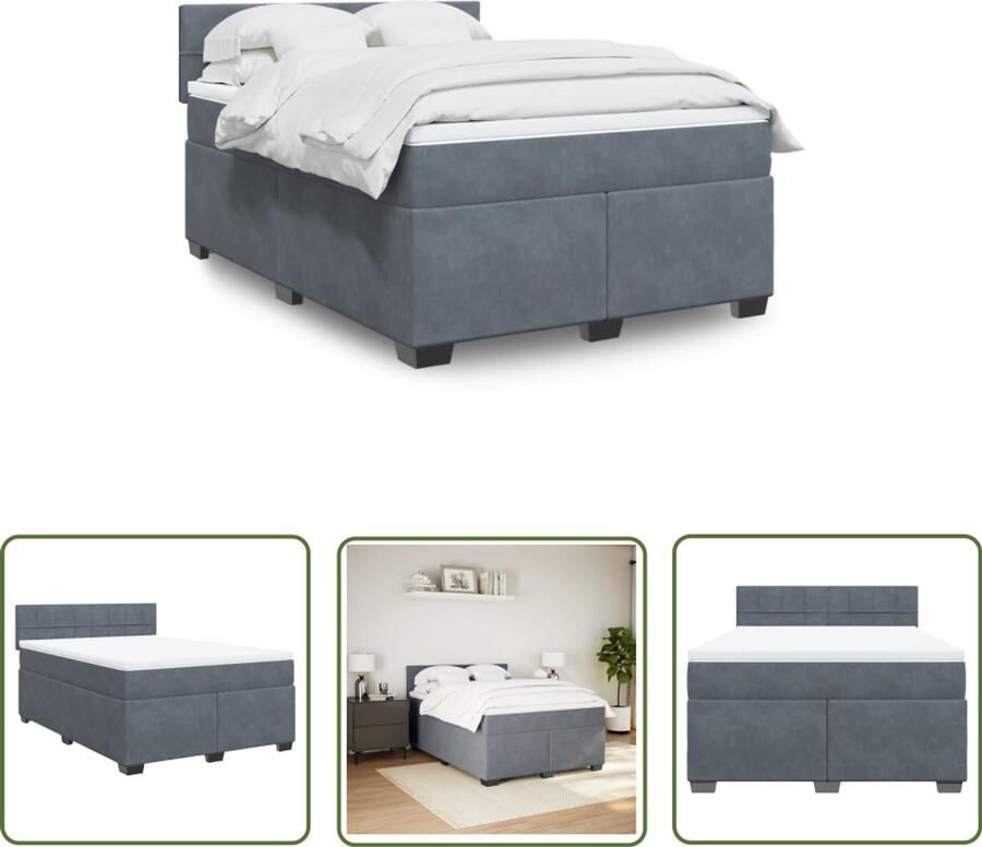 VidaXL Boxspring met matras fluweel donkergrijs 140x190 cm Boxspring Boxspringbed Fluweel Donkere Kleuren Tweepersoonsbed