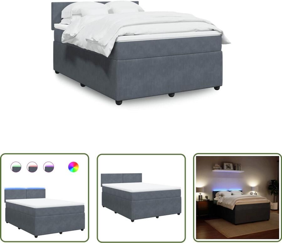 VidaXL Boxspring met matras fluweel donkergrijs 140x190 cm Boxspring Boxspringbed Slaapcomfort Led Verlichting Fluweel