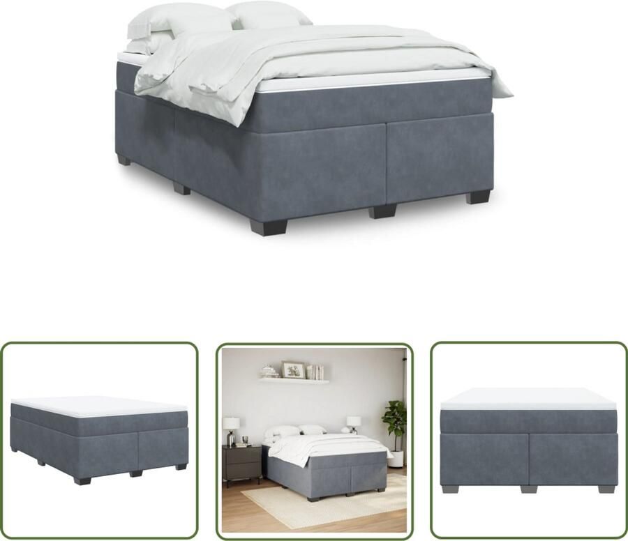 VidaXL Boxspring met matras fluweel donkergrijs 140x200 cm Boxspring Boxspringbed Fluweel Donkere Kleuren Tweepersoonsbed