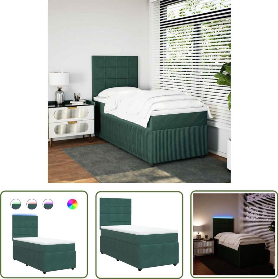 VidaXL Boxspring met matras fluweel donkergroen 90x190 cm Boxspring Boxspringbed Matras Fluweel Led Verlichting
