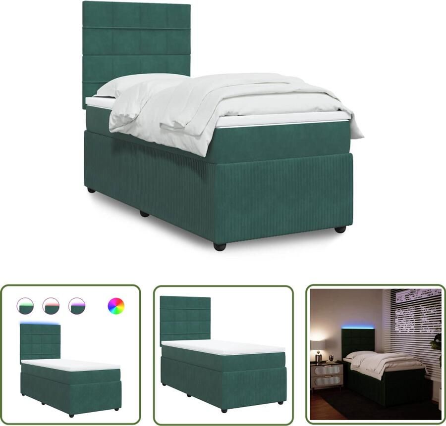 VidaXL Boxspring met matras fluweel donkergroen 90x200 cm Boxspring Boxspringbed Matras Fluweel Led Verlichting