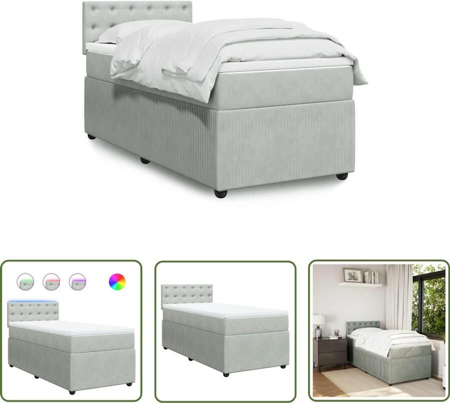 VidaXL Boxspring met matras fluweel lichtgrijs 100x200 cm Boxspring Boxspringbed Fluweel Bed Led Verlichting Pocketveringmatras