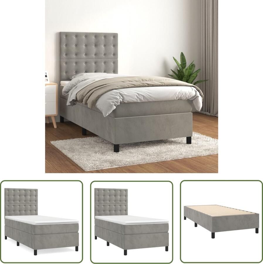 The Living Store Boxspringbed Zacht Fluweel Bed 193x90x118 128cm Pocketvering Matras Middelharde Ondersteuning Huidvriendelijk Topmatras Kleur Lichtgrijs Materiaal Stof