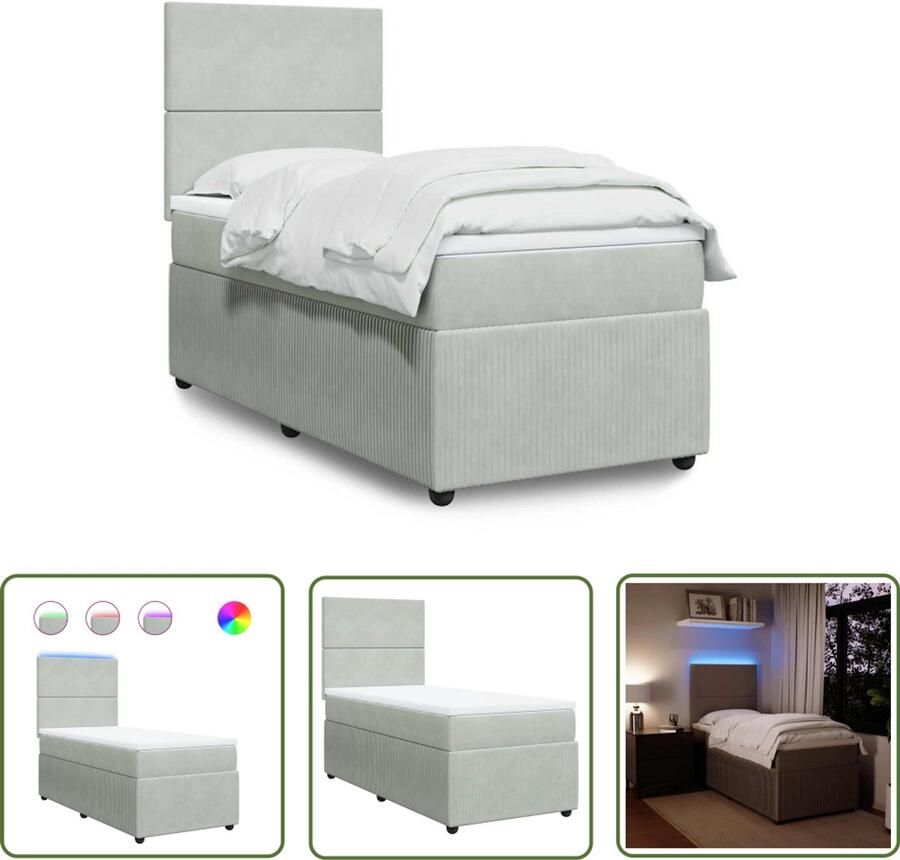 VidaXL Boxspring met matras fluweel lichtgrijs 90x200 cm Boxspring Boxspringbed Matras Led Verlichting Hoofdbord