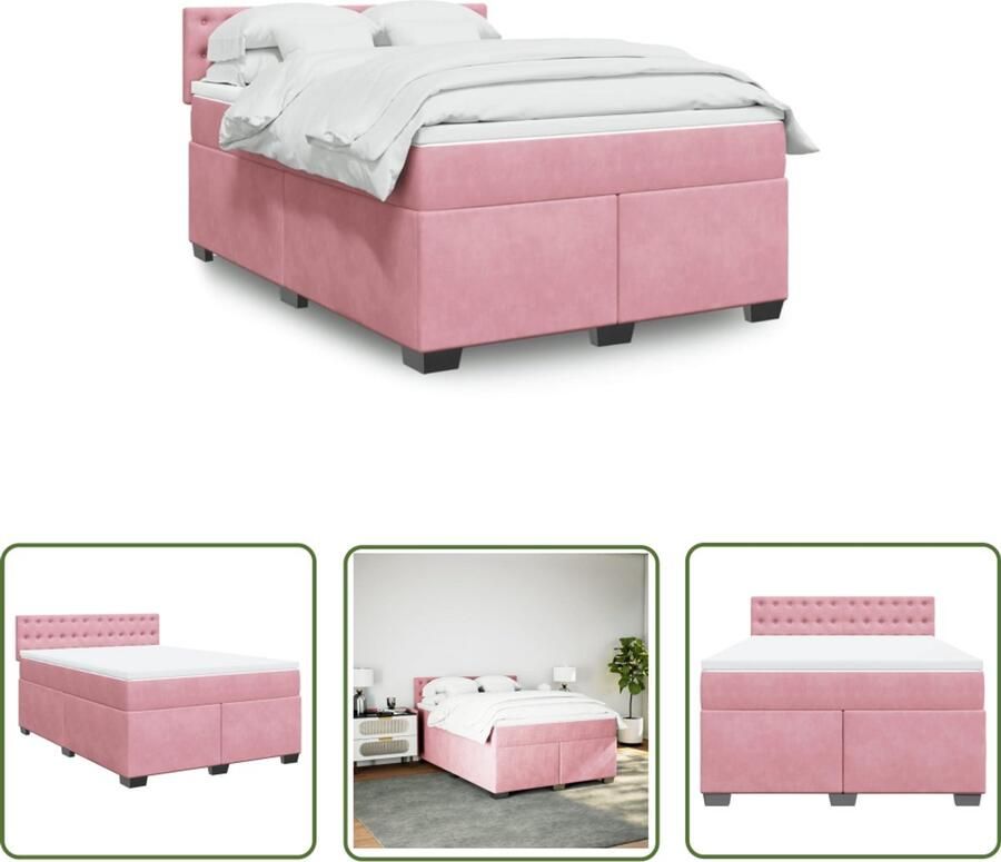 VidaXL Boxspring met matras fluweel roze 140x190 cm Boxspring Boxspringbed Fluweel Bed Roze Bed Tweepersoons Bed