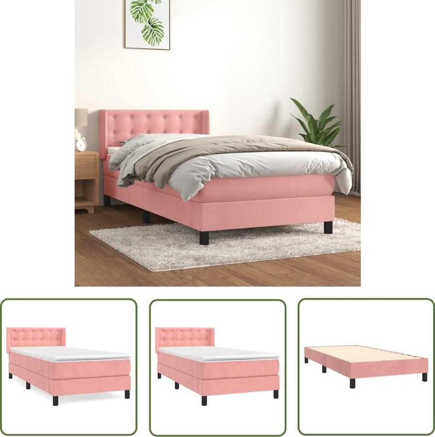 The Living Store Boxspring met matras fluweel roze 90x200 cm Boxspring Boxspringbed Fluweel Bed Roze Bed Tweepersoonsbed