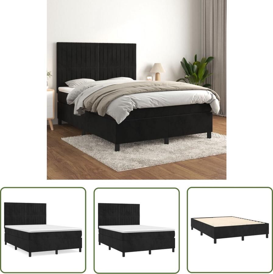 The Living Store Boxspringbed Zwart fluwelen bedframe Pocketvering matras Huidvriendelijk topmatras 203x144x118 128cm Boxspring Boxspringbed Velvet Bed Zitzakken Tweepersoonsbed