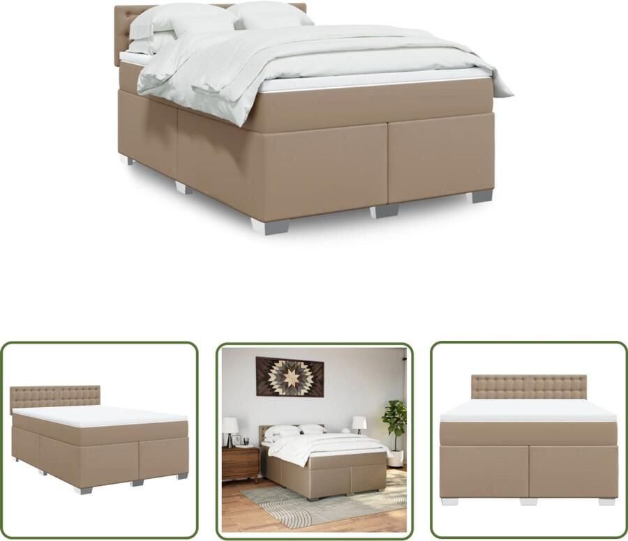 VidaXL Boxspring met matras kunstleer cappuccinokleurig 140x200 cm Boxspring Boxspringbed Bruine Boxspring Kunstleder Bed Pocketveringmatras