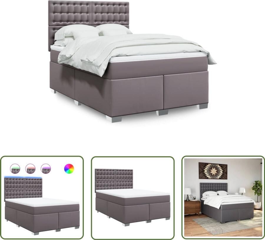 VidaXL Boxspring met matras kunstleer grijs 140x200 cm Boxspring Boxspringbed Lederlook Kunstleder Led Verlichting