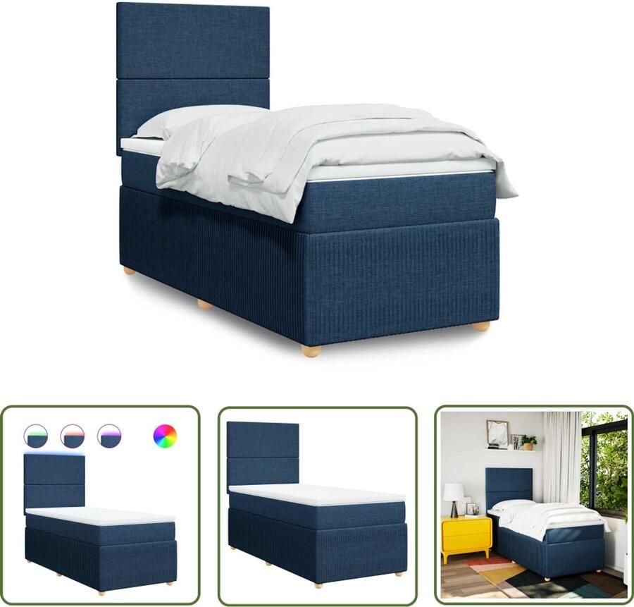 VidaXL Boxspring met matras stof blauw 100x200 cm Boxspring Boxspringbed Matras Pocketveringmatras Led Verlichting