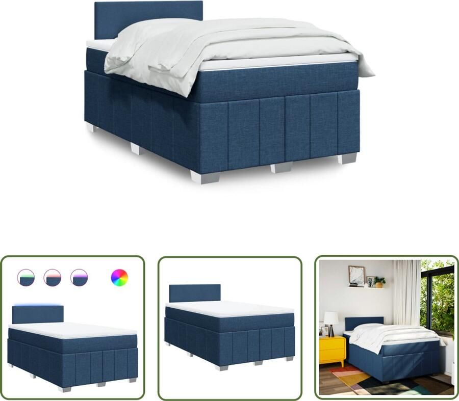VidaXL Boxspring met matras stof blauw 120x200 cm Boxspring Boxspringbed Led Verlichting Pocketveringmatras Matras