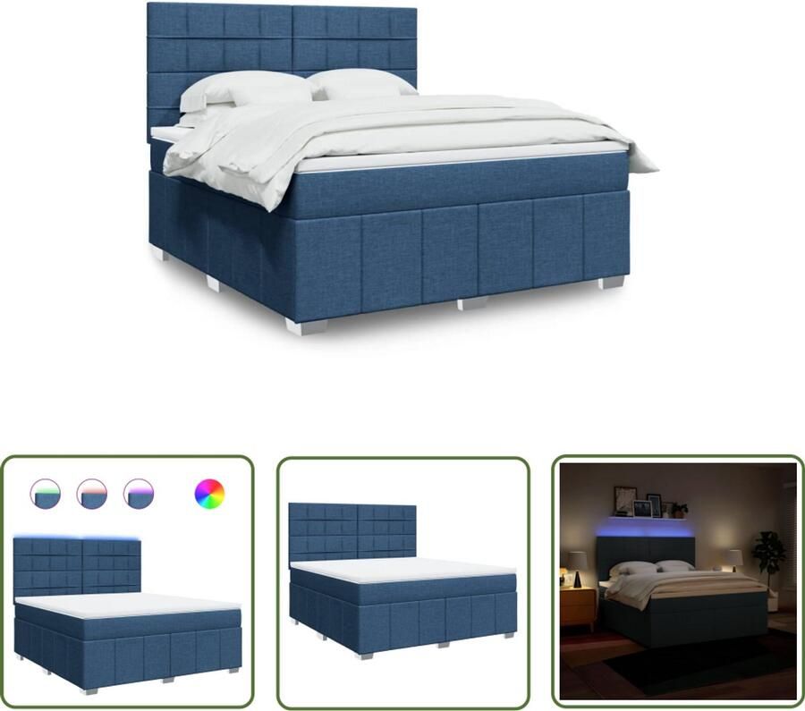 VidaXL Boxspring met matras stof blauw 180x200 cm Boxspring Boxspringbed Matras Led Verlichting Elektrisch Hoofdbord