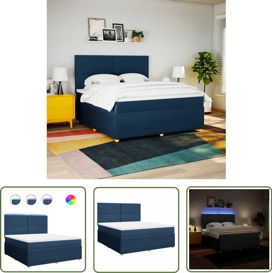 VidaXL Boxspring met matras stof blauw 180x200 cm Boxspring Boxspringbed Matras Led Verlichting Hoofdbord