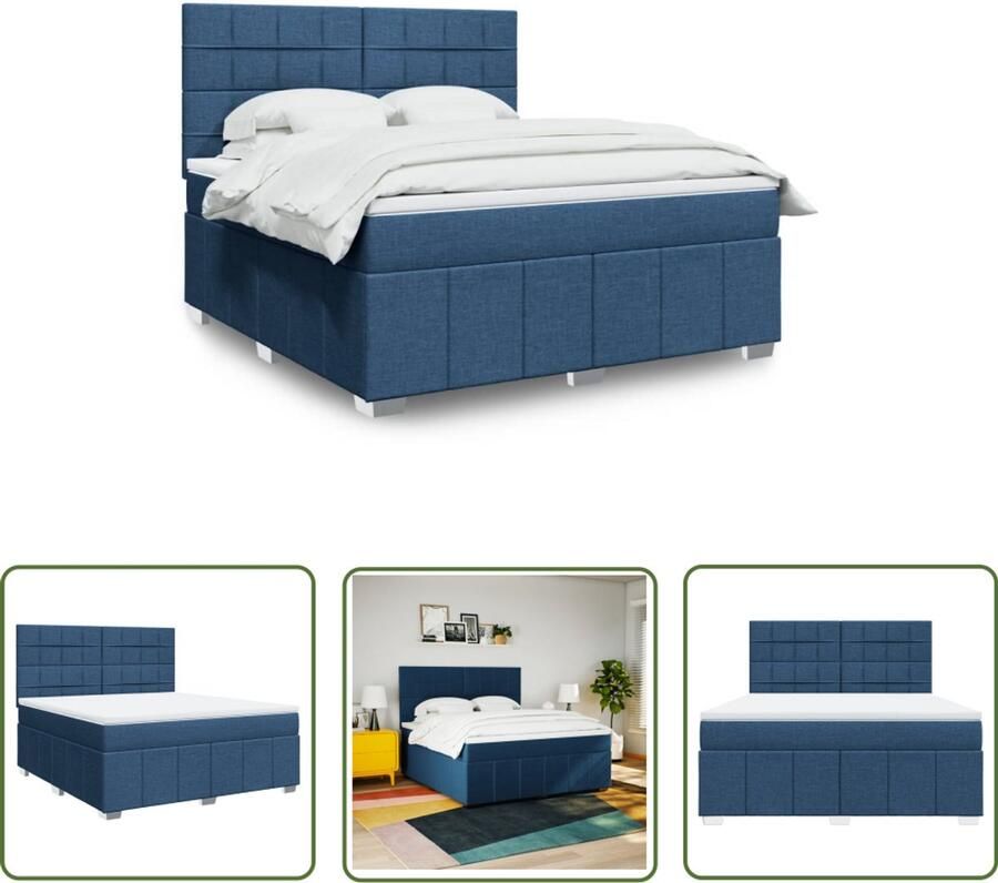VidaXL Boxspring met matras stof blauw 180x200 cm Boxspring Boxspringbed Matras Pocketveringmatras Hoofdbord