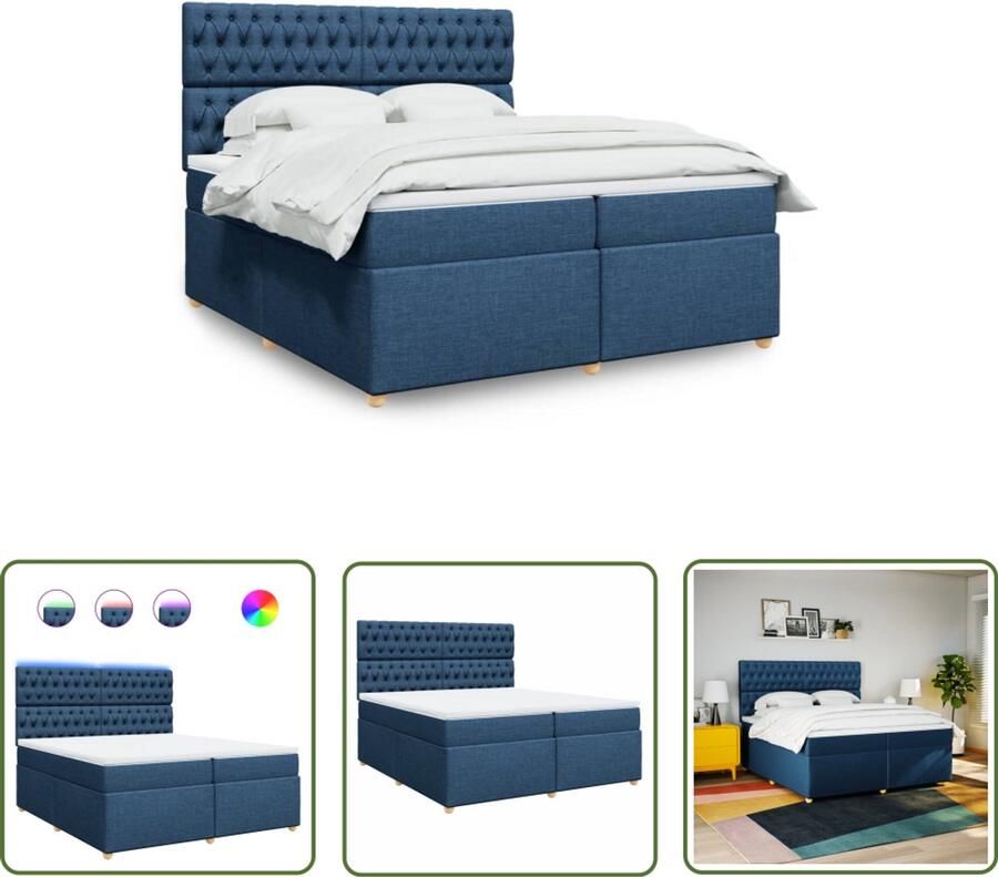 VidaXL Boxspring met matras stof blauw 200x200 cm Boxspring Boxspringbed Slaapcomfort Matras Led Verlichting