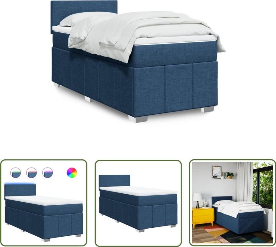 VidaXL Boxspring met matras stof blauw 80x200 cm Boxspring Boxspringbed Matras Led Verlichting Slaapkamer