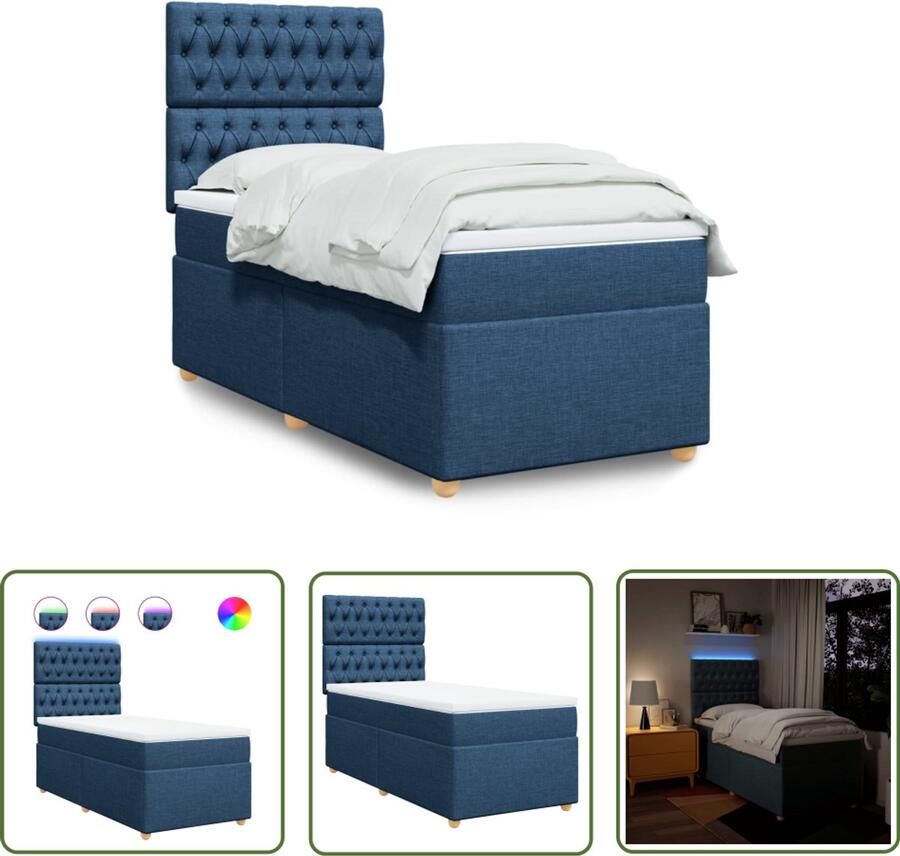VidaXL Boxspring met matras stof blauw 80x200 cm Boxspring Boxspringbed Tweepersoonsbed Bed Frame Led Verlichting