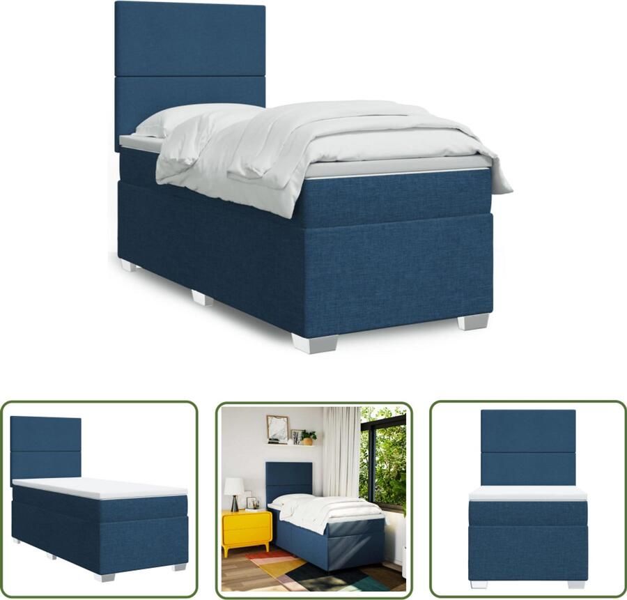 VidaXL Boxspring met matras stof blauw 90x190 cm Boxspring Boxspringbed Tweepersoonsbed Blauwdruk Stoffen Bed