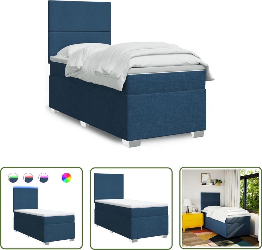 VidaXL Boxspring met matras stof blauw 90x200 cm Boxspring Boxspringbed Slaapcomfort Led Verlichting Elektrisch Hoofdbord
