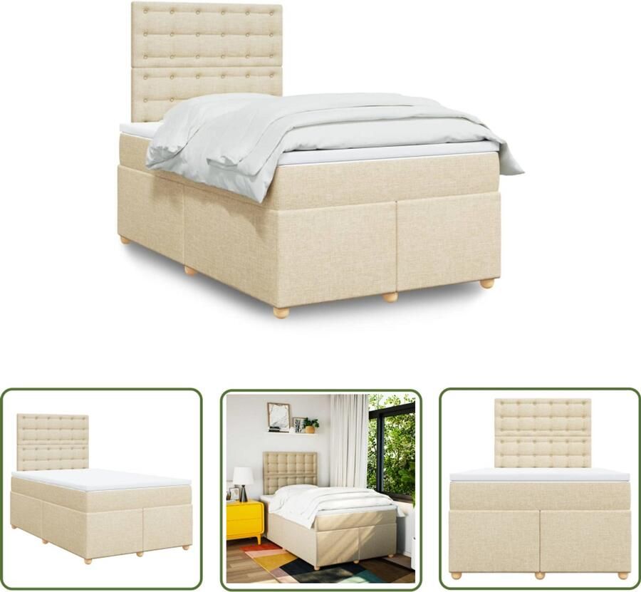 VidaXL Boxspring met matras stof crèmekleurig 120x190 cm Boxspring Boxspringbed Matras Pocketveringmatras Hoofdbord