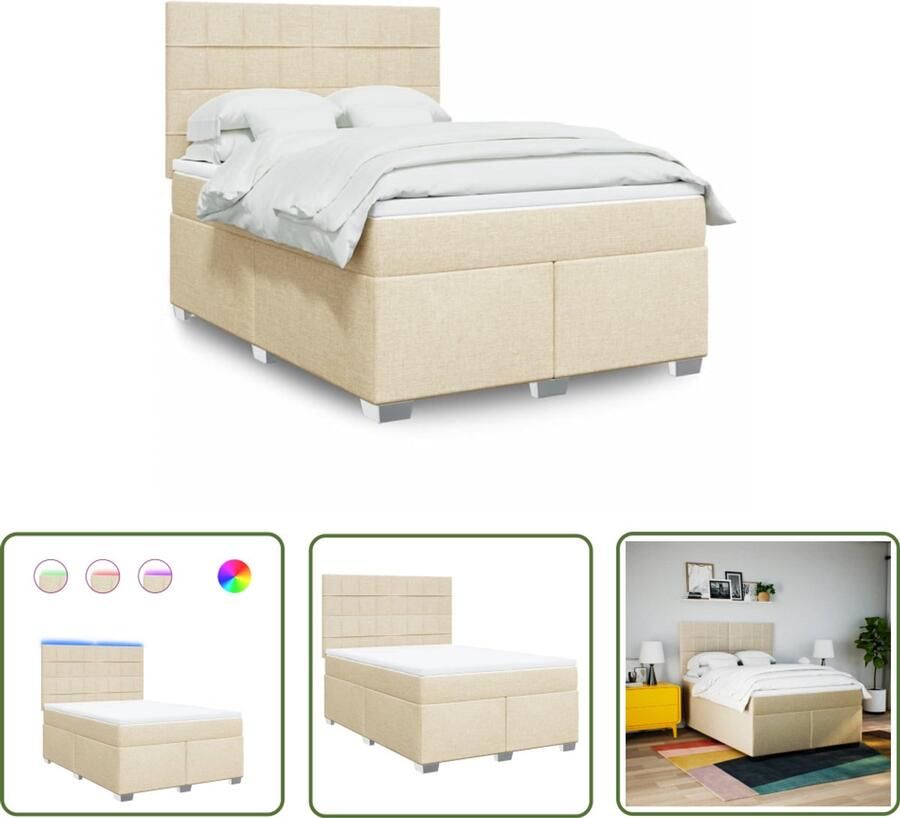 VidaXL Boxspring met matras stof crèmekleurig 140x190 cm Boxspring Boxspringbed Matras Led Verlichting Hoofdbord