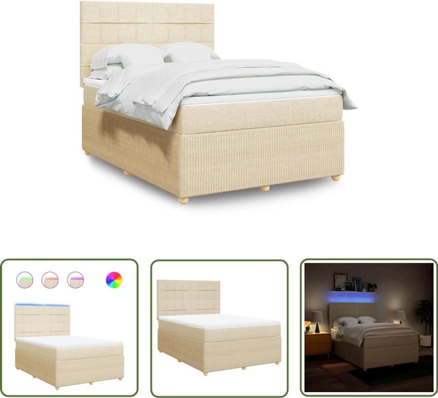 VidaXL Boxspring met matras stof crèmekleurig 140x190 cm Boxspring Boxspringbed Matras Pocketveringmatras Led Verlichting