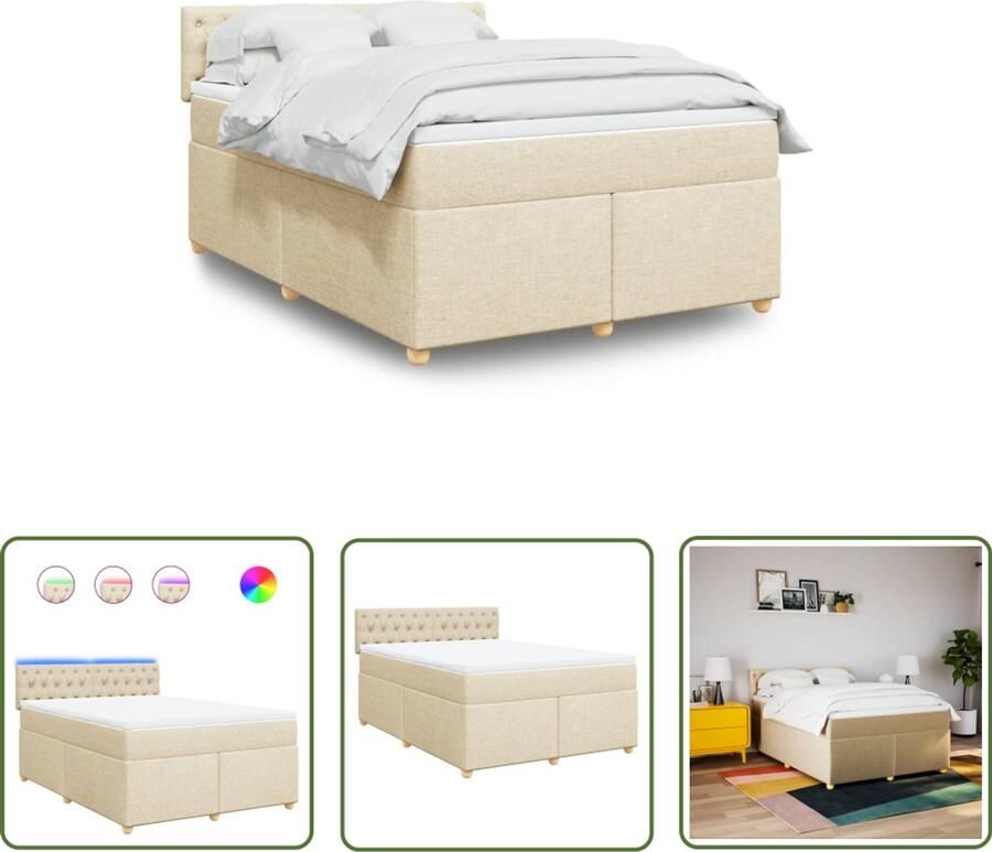 VidaXL Boxspring met matras stof crèmekleurig 140x200 cm Boxspring Boxspringbed Led Verlichting Creme Kleurig Matras