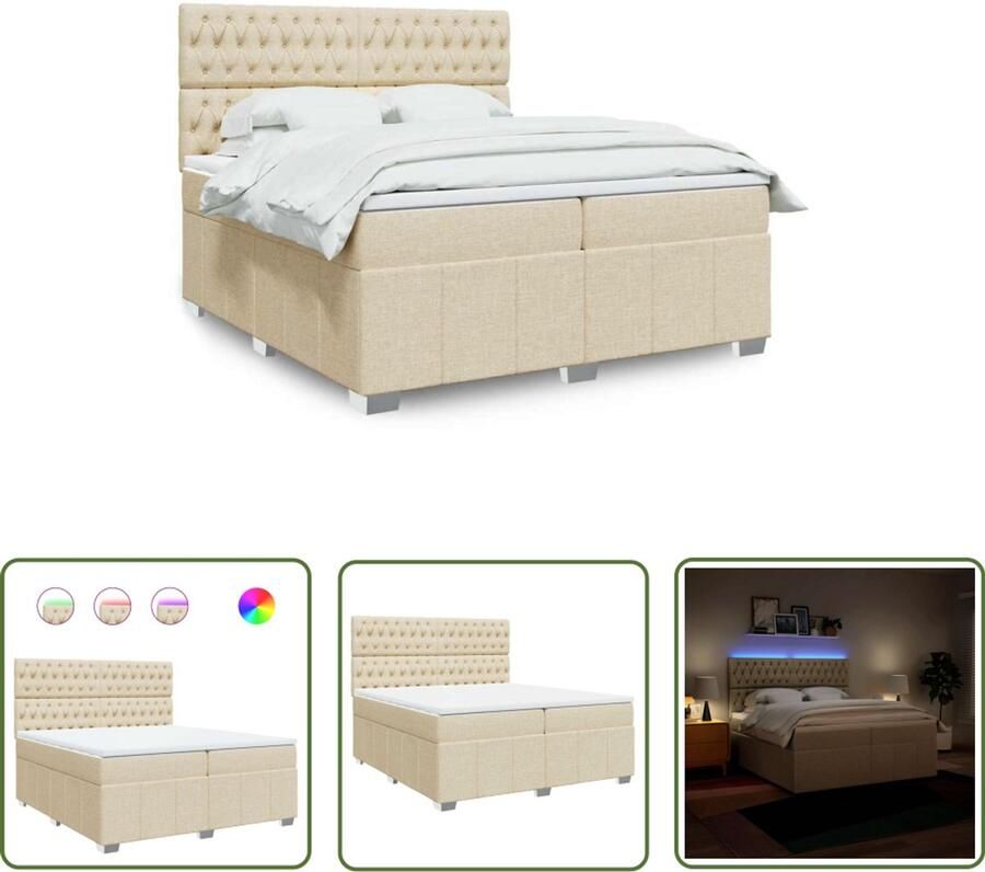 VidaXL Boxspring met matras stof crèmekleurig 200x200 cm Boxspring Boxspringbed Creme Kleurig Matras Led Verlichting