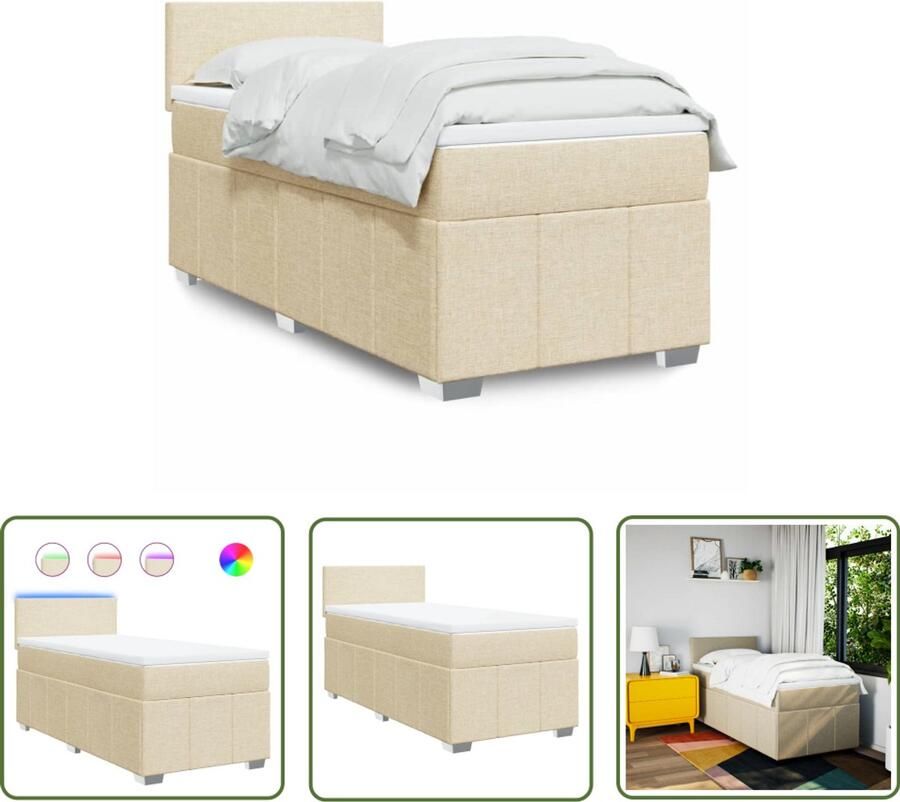 VidaXL Boxspring met matras stof crèmekleurig 80x200 cm Boxspring Boxspringbed Led Lamp Matras Pocketvering