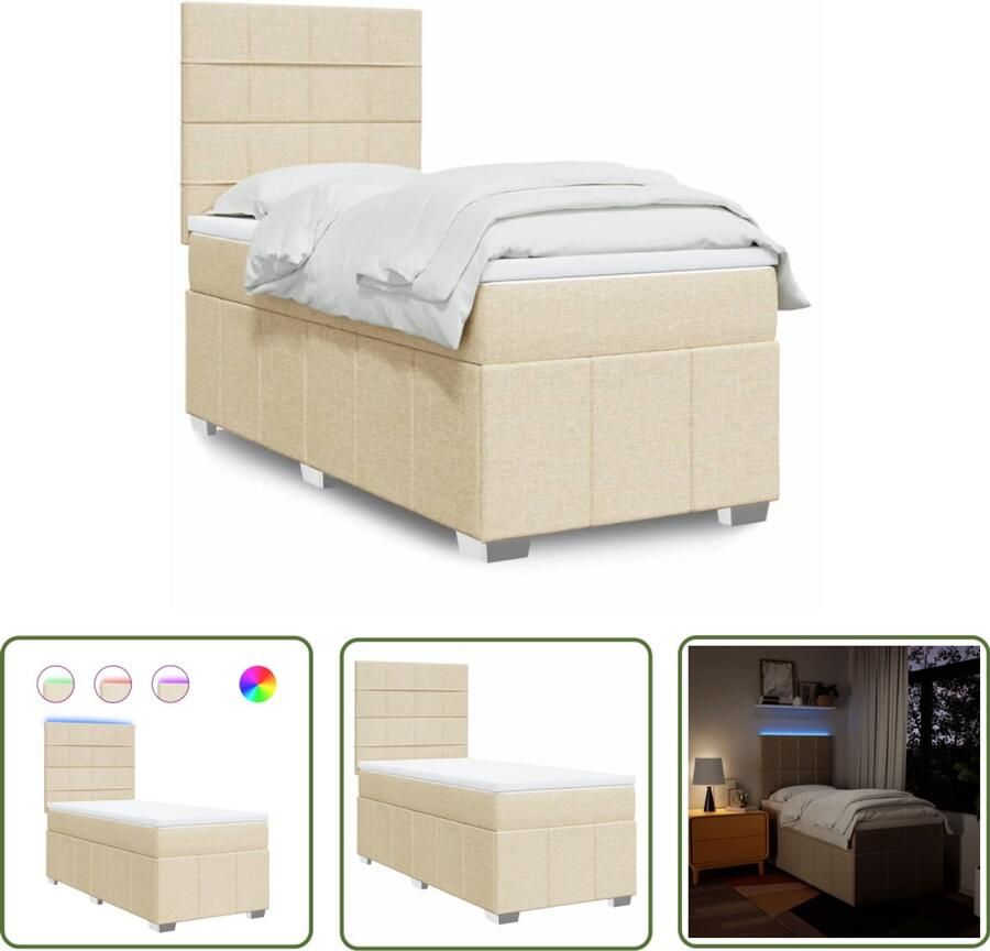 VidaXL Boxspring met matras stof crèmekleurig 90x190 cm Boxspring Boxspringbed Matras Pocketveringmatras Led Verlichting