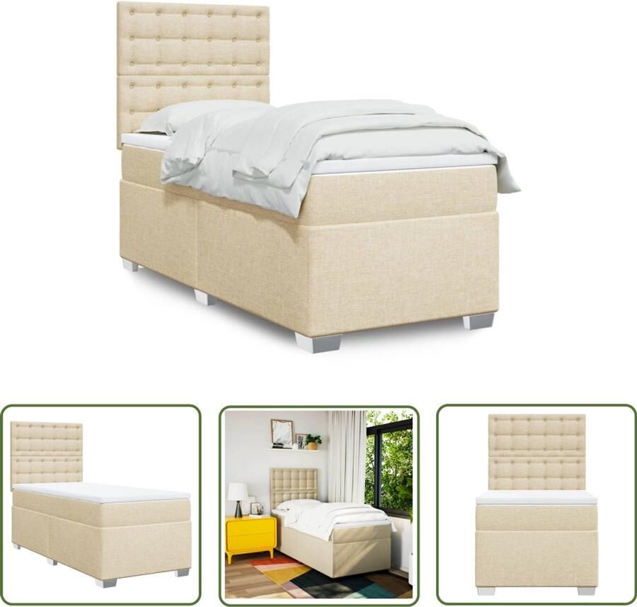 VidaXL Boxspring met matras stof crèmekleurig 90x200 cm Boxspring Boxspringbed Creme Kleurig Tweepersoonsbed Pocketed Veren Matras
