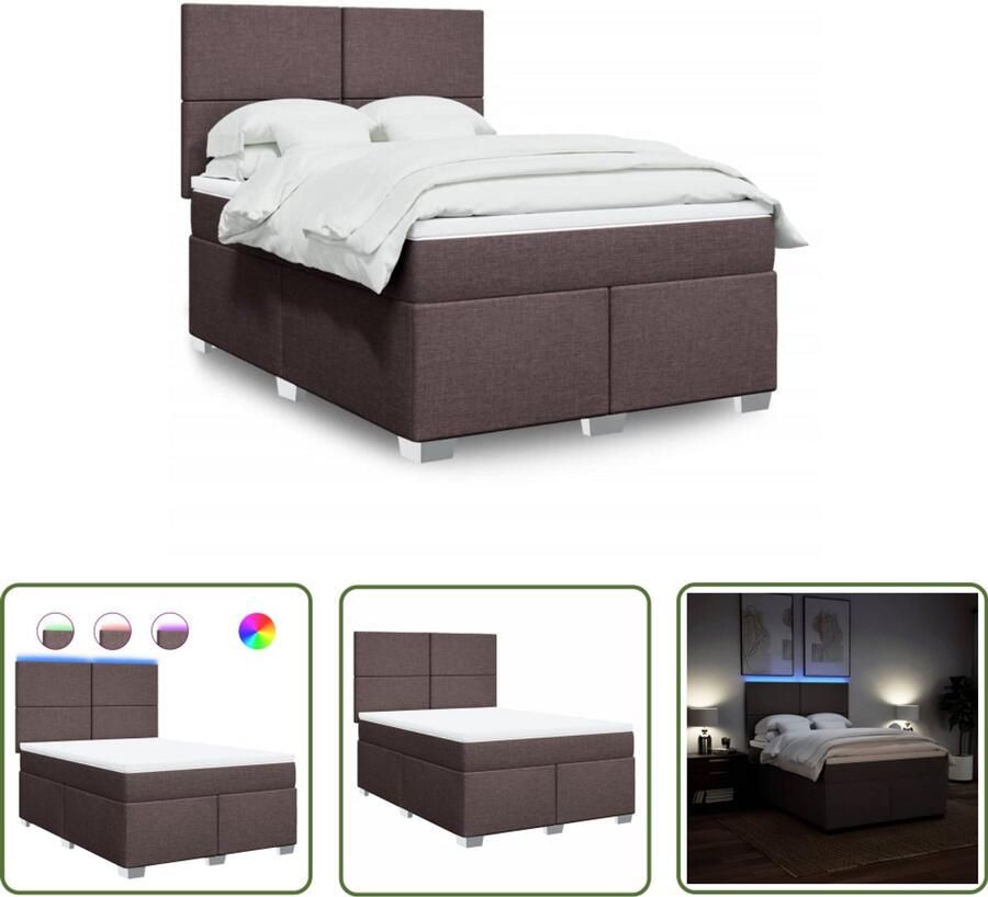 VidaXL Boxspring met matras stof donkerbruin 140x190 cm Boxspring Boxspringbed Matras Led Verlichting Hoofdbord