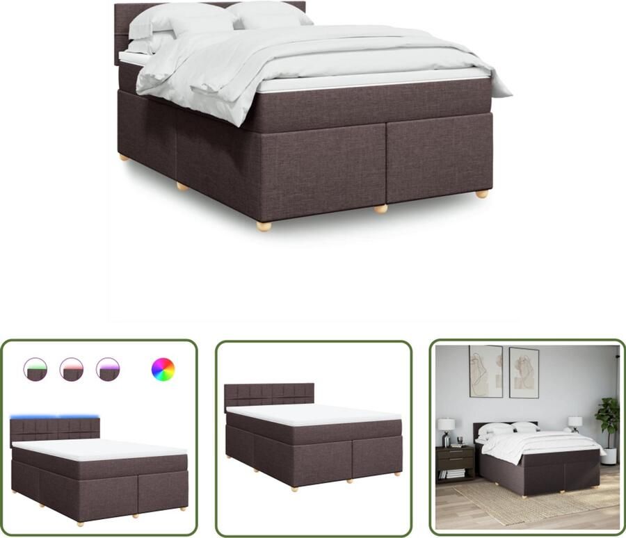 VidaXL Boxspring met matras stof donkerbruin 140x200 cm Boxspring Boxspringbed Led Verlichting Matras Pocketveringmatras