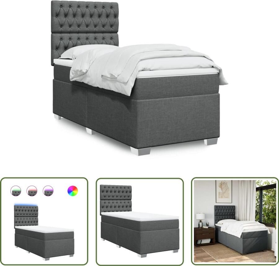 VidaXL Boxspring met matras stof donkergrijs 100x200 cm Boxspring Boxspringbed Donkere Grijze Boxspring Lederlook Boxspring Led Boxspring