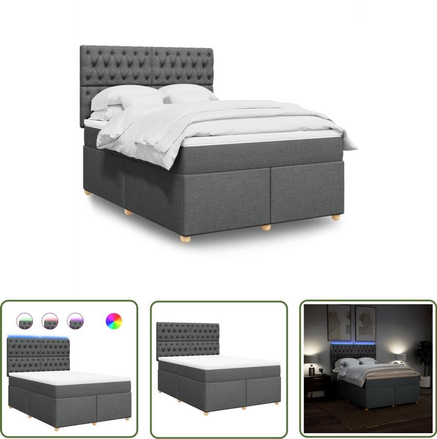 VidaXL Boxspring met matras stof donkergrijs 140x190 cm Boxspring Boxspringbed Matras Led Verlichting Dark Grey