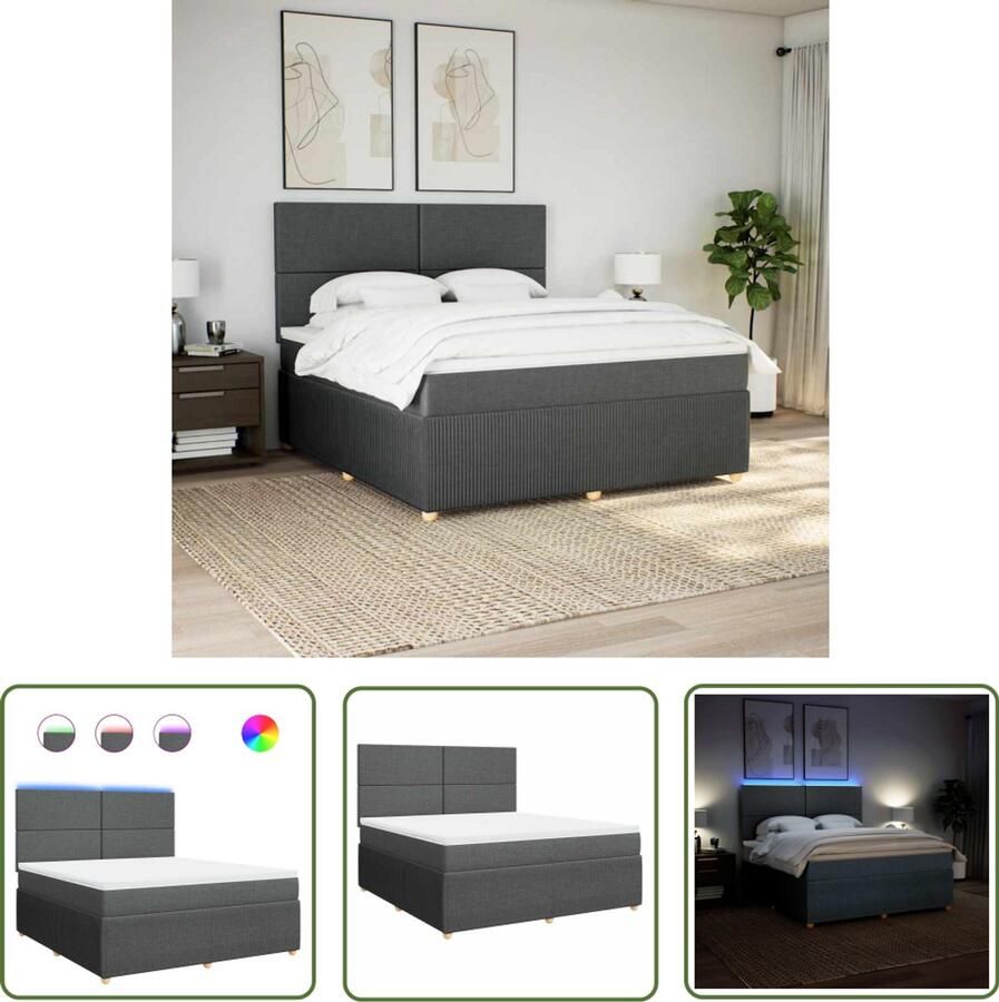 VidaXL Boxspring met matras stof donkergrijs 180x200 cm Boxspring Boxspringbed Matras Led Verlichting Hoofdbord - Foto 2
