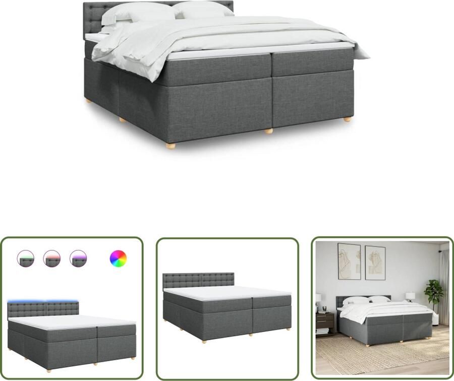 VidaXL Boxspring met matras stof donkergrijs 200x200 cm Boxspring Boxspringbed Led Verlichting Matras Pocketvering