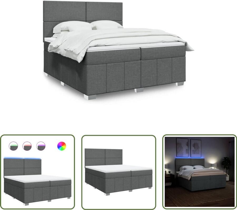 VidaXL Boxspring met matras stof donkergrijs 200x200 cm Boxspring Boxspringbed Matras Led Verlichting Hoofdbord