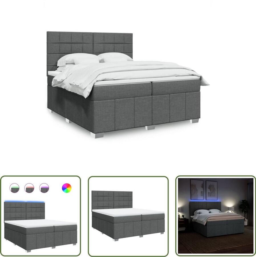 VidaXL Boxspring met matras stof donkergrijs 200x200 cm Boxspring Boxspringbed Matras Led Verlichting Slaapcomfort