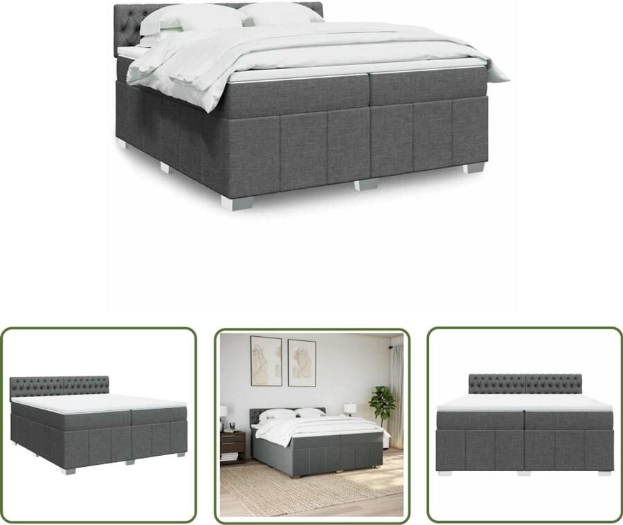 VidaXL Boxspring met matras stof donkergrijs 200x200 cm Boxspring Boxspringbed Matras Pocketveringmatras Hoofdbord
