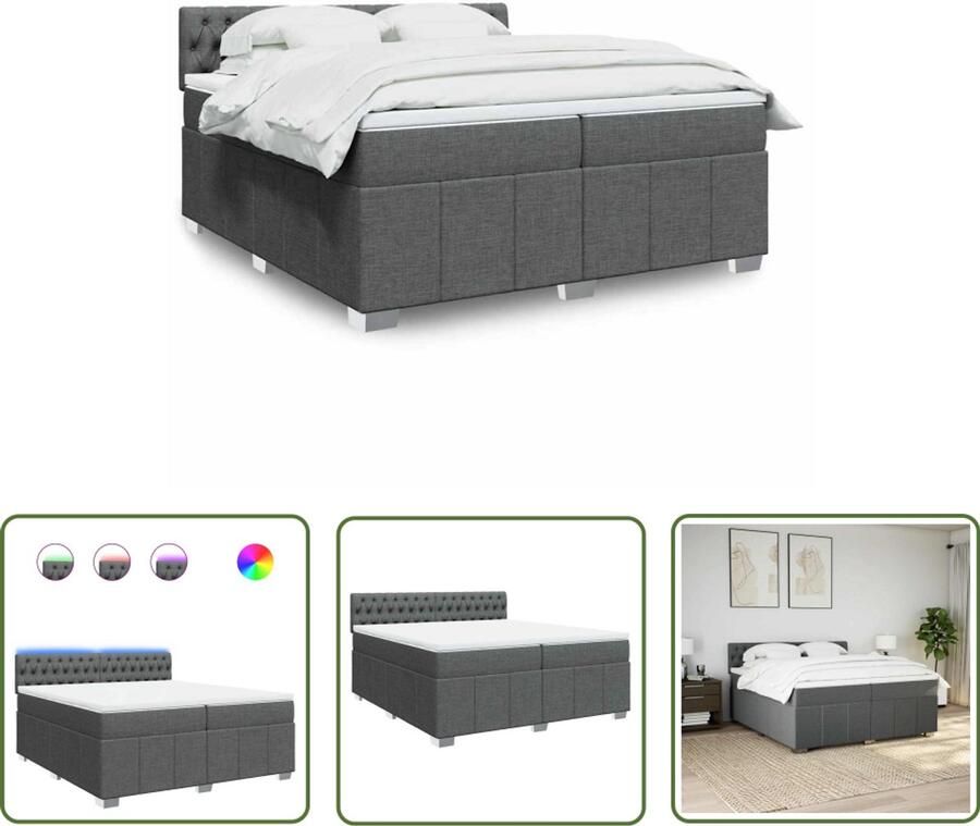 VidaXL Boxspring met matras stof donkergrijs 200x200 cm Boxspring Boxspringbed Slaapcomfort Led Verlichting Matras