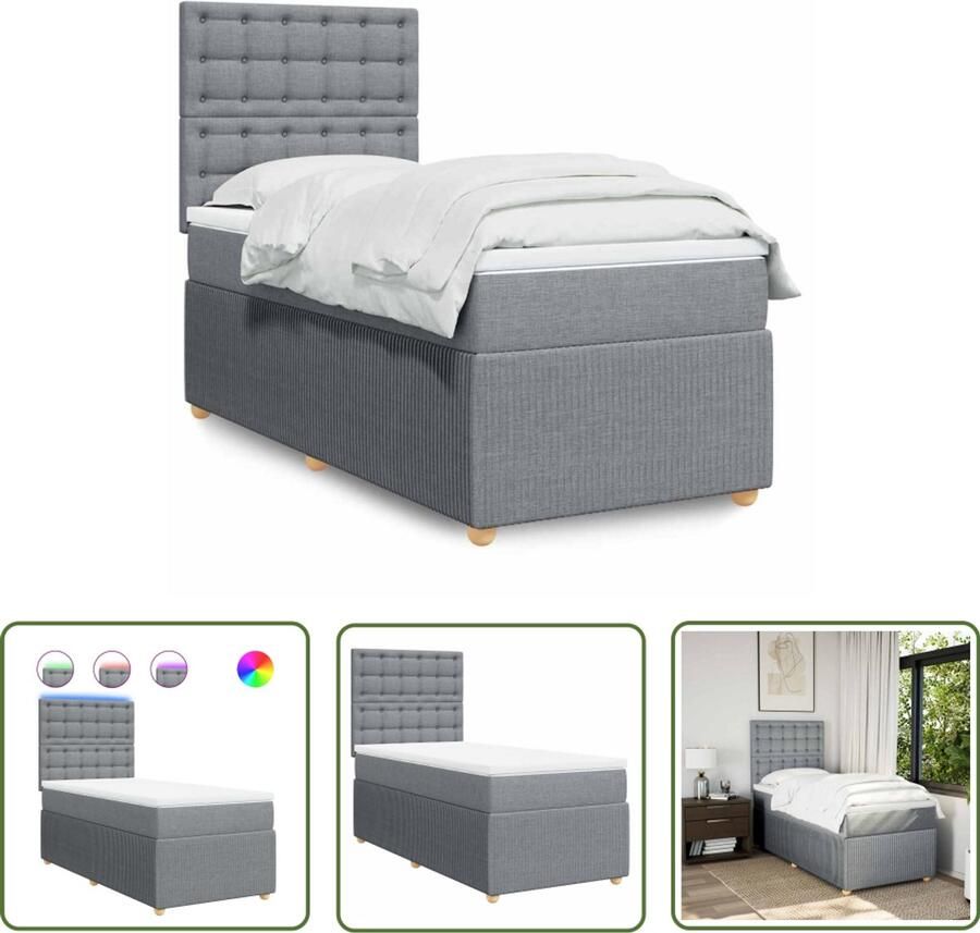 VidaXL Boxspring met matras stof lichtgrijs 100x200 cm Boxspring Boxspringbed Matras Led Verlichting Hoofdbord