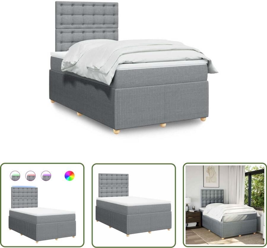VidaXL Boxspring met matras stof lichtgrijs 120x200 cm Boxspring Boxspringbed Matras Pocketveringmatras Led Verlichting