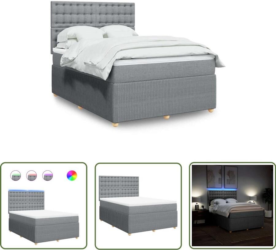 VidaXL Boxspring met matras stof lichtgrijs 140x200 cm Boxspring Boxspringbed Matras Led Verlichting Hoofdbord
